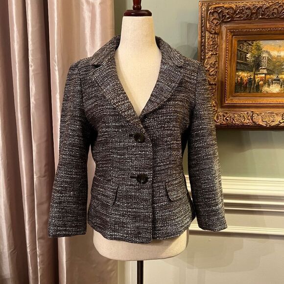 NWT Ann Taylor Boucle Tweed Cropped Brown White Jacket Blazer Size 6